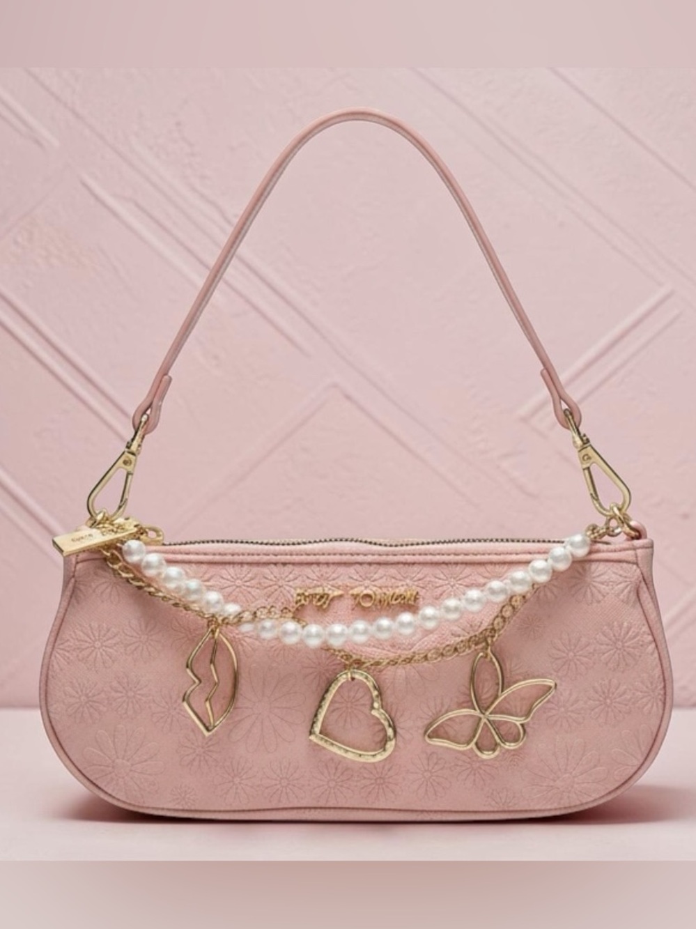 Betsey Johnson Pink Embossed Pearl-Chain Shoulder/ Crossbody Bag- Pink NWT